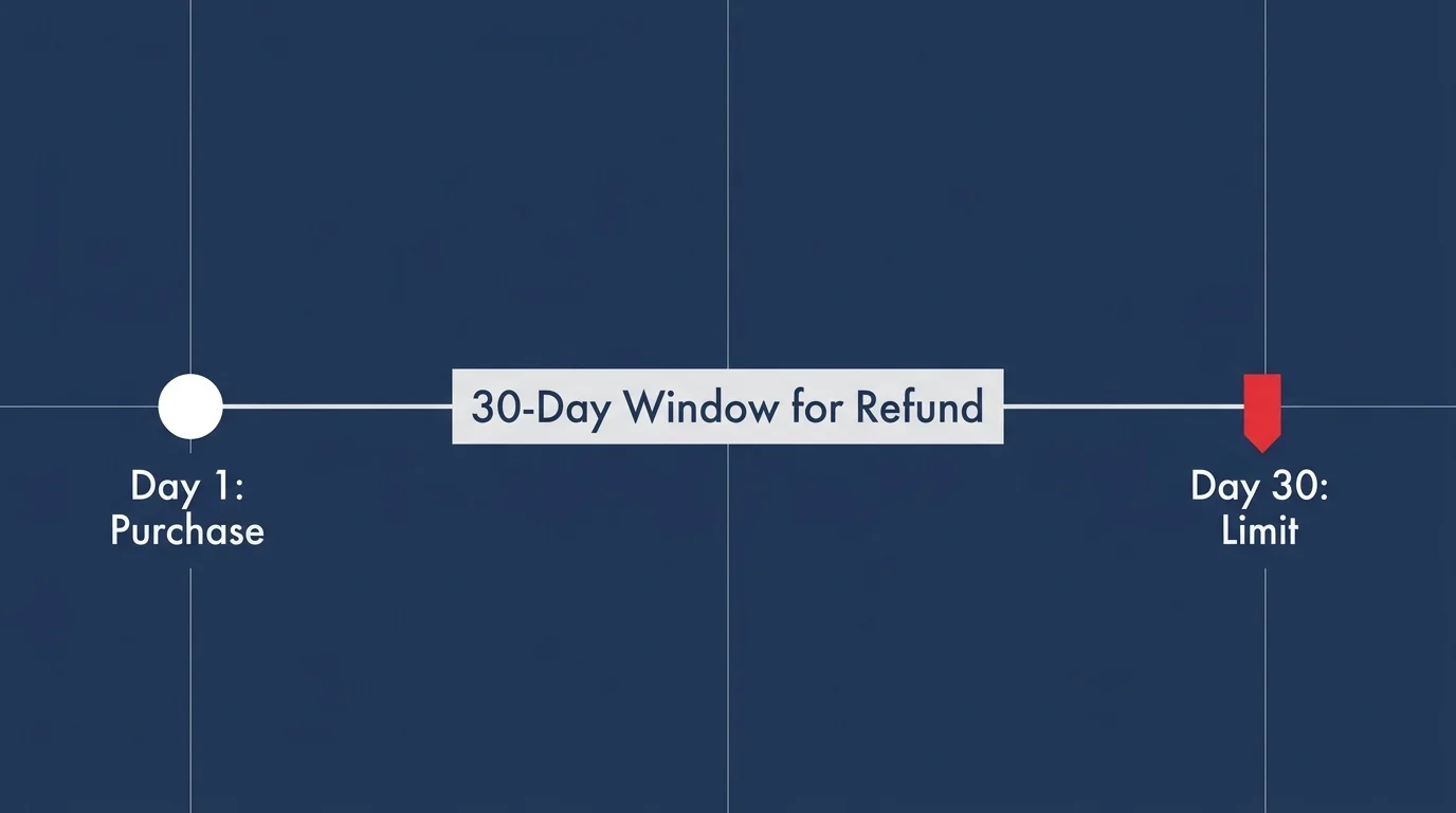 A clean horizontal timeline diagram showing a 30-day window for a price adjustment refund from day of purchase.