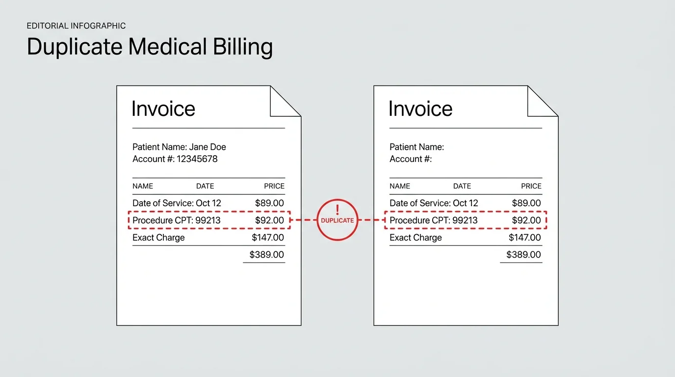 A clean infographic diagram showing two identical medical invoices side-by-side with a duplicate warning highlight.