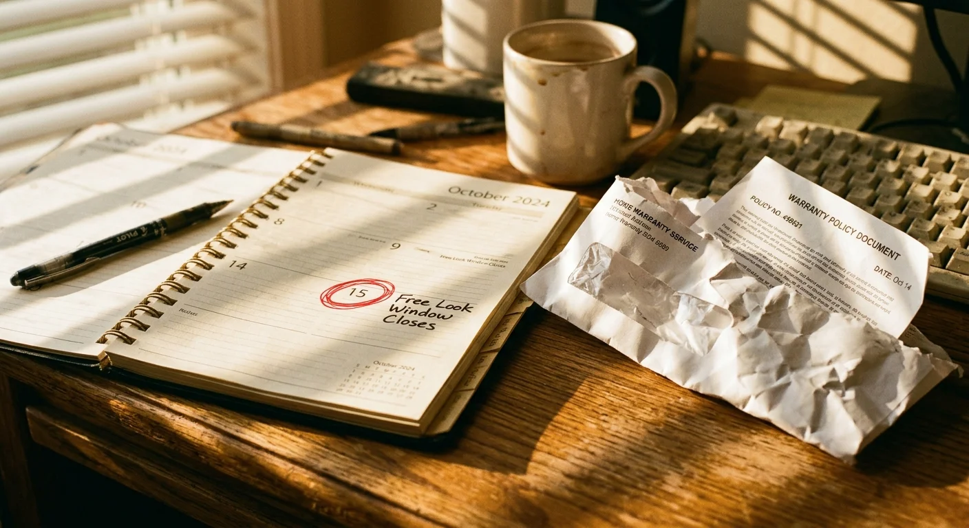 A close-up film photograph of a paper calendar with a date circled in red reading 'Free Look Window Closes' next to a discarded envelope.