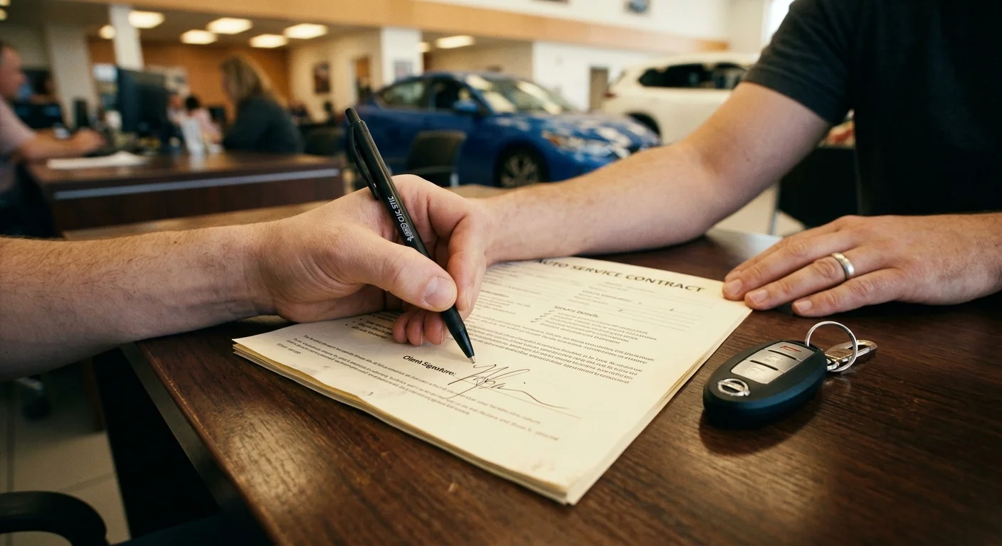 A close-up film photograph of hands signing an auto service contract paper on a wooden desk next to a car key fob.