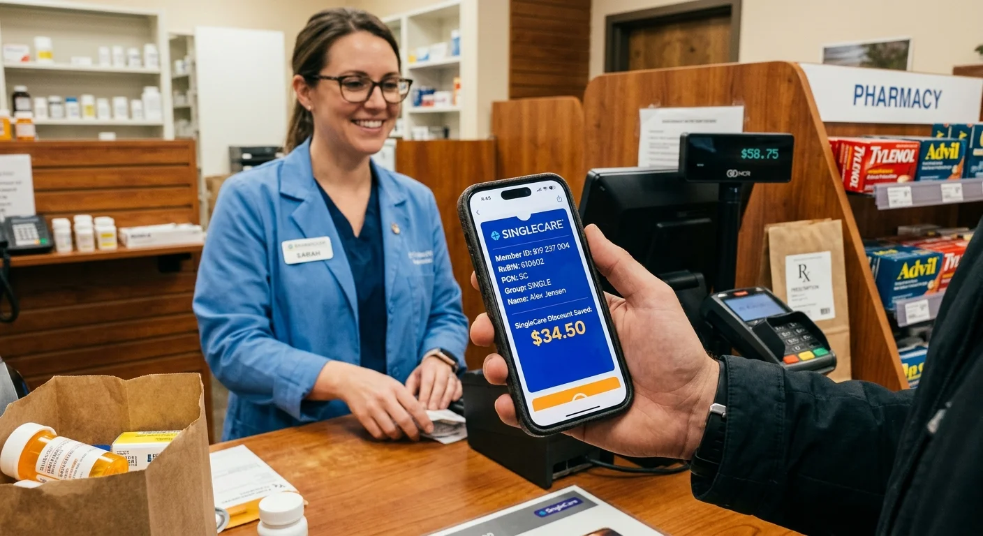 A close-up first-person view of a smartphone displaying a SingleCare coupon at a pharmacy checkout counter.