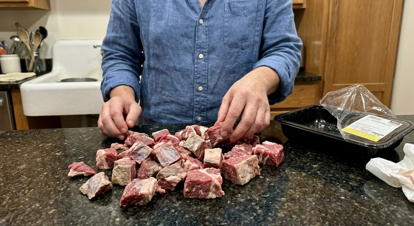 A close-up of a home cook sorting through unevenly cut, mismatched pieces of stew meat on a kitchen counter.