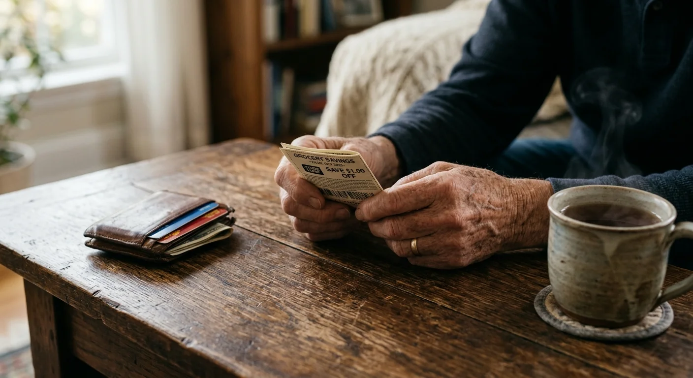 A close-up of a person's hands holding a printed paper discount coupon next to a leather wallet on a wooden table.