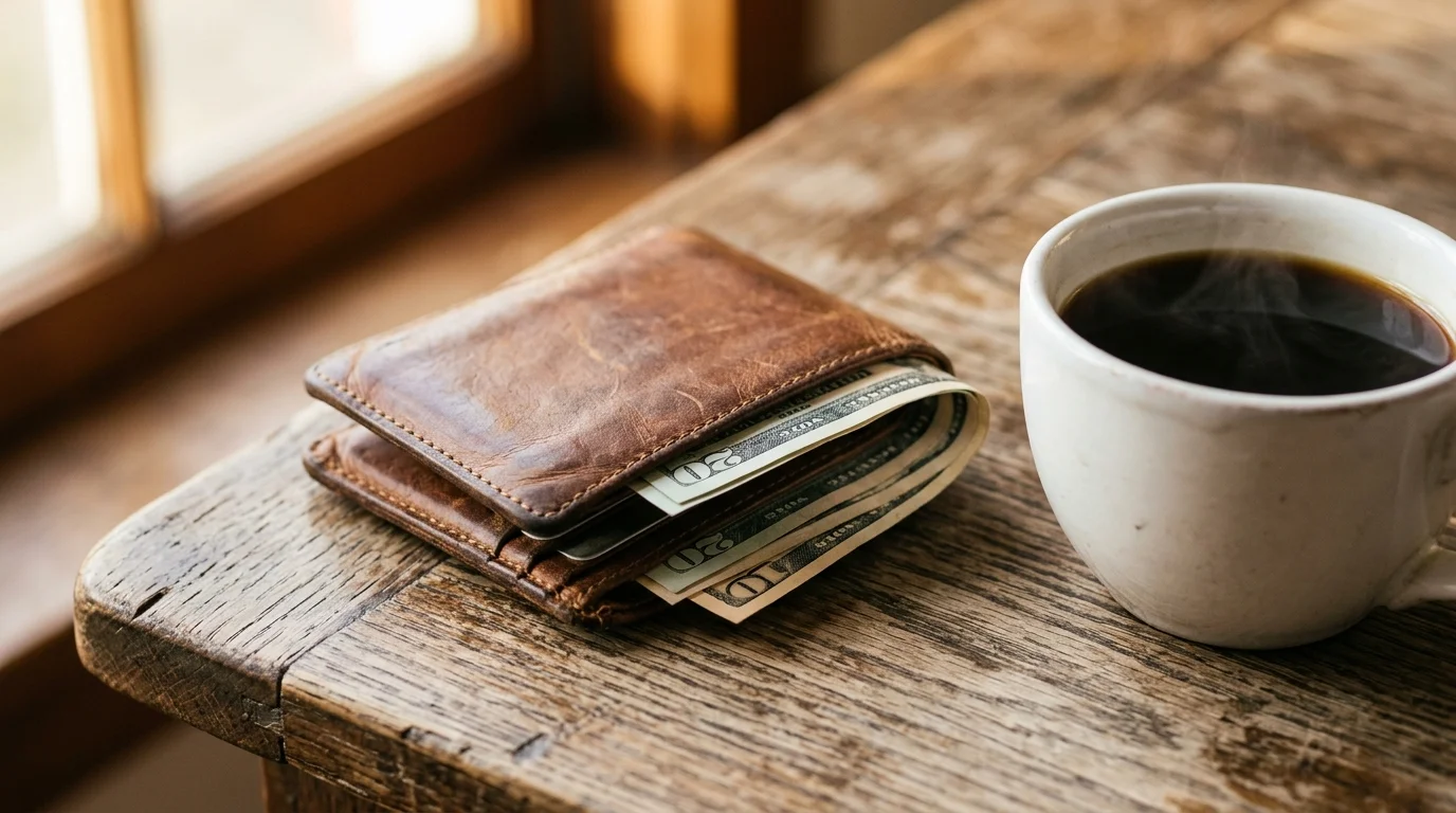 A close-up of a worn leather wallet with cash visible inside, resting on a rustic wooden table next to a cup of coffee in warm morning light