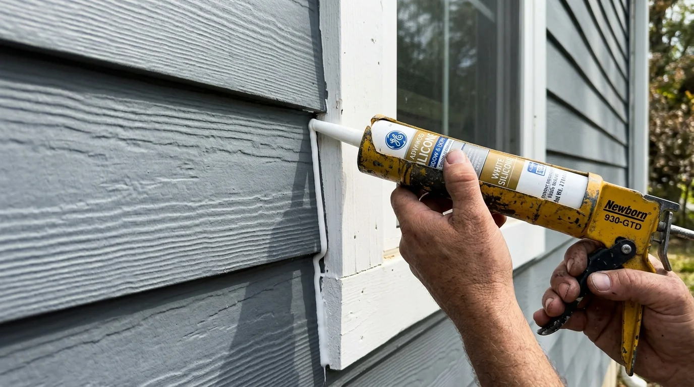 A close-up photo of a caulk gun applying a smooth bead of white sealant along the joint of gray siding and white window trim.