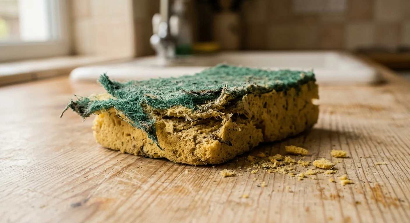 A close-up photo of a crumbling yellow kitchen sponge with its green scrubbing layer peeling away on a wooden counter.