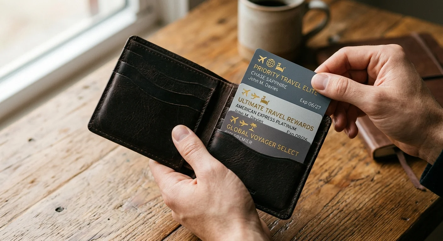 A close-up photo of a hand pulling overlapping credit cards with identical gold travel symbols from a leather wallet.