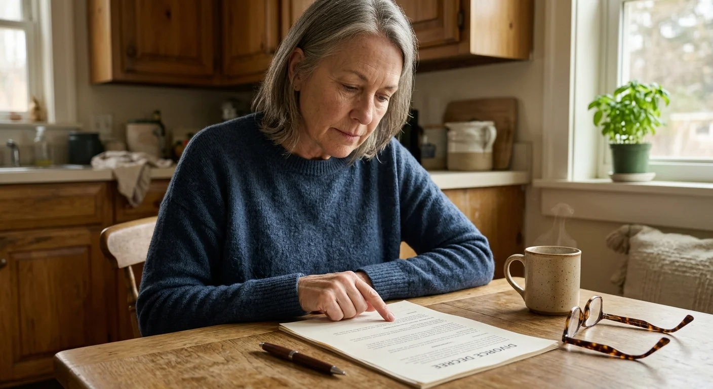 A close-up photo of a mature woman at her kitchen table looking over her certified divorce decree document under soft morning light.