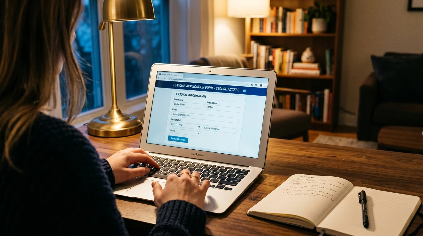 A close-up photo of a person safely applying for benefits online in the quiet privacy of their home desk.