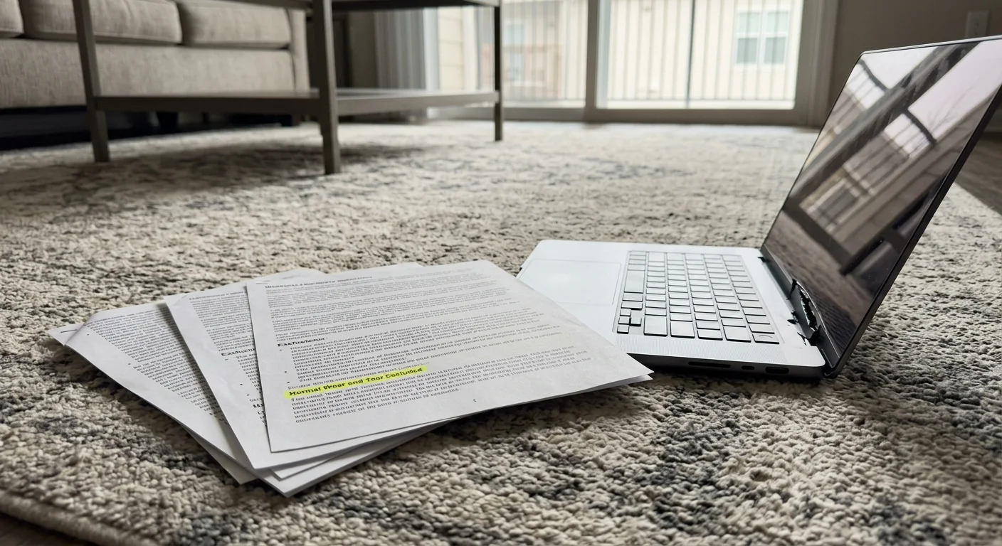 A close-up photograph of a broken laptop next to a paper warranty with a highlighted clause reading 'Normal Wear and Tear Excluded'.