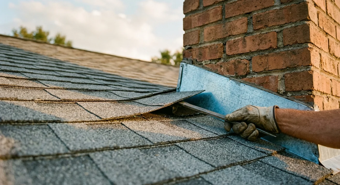 A close-up photograph of a chimney base on a roof, showing gray shingles and silver metal flashing being inspected with a hand tool.