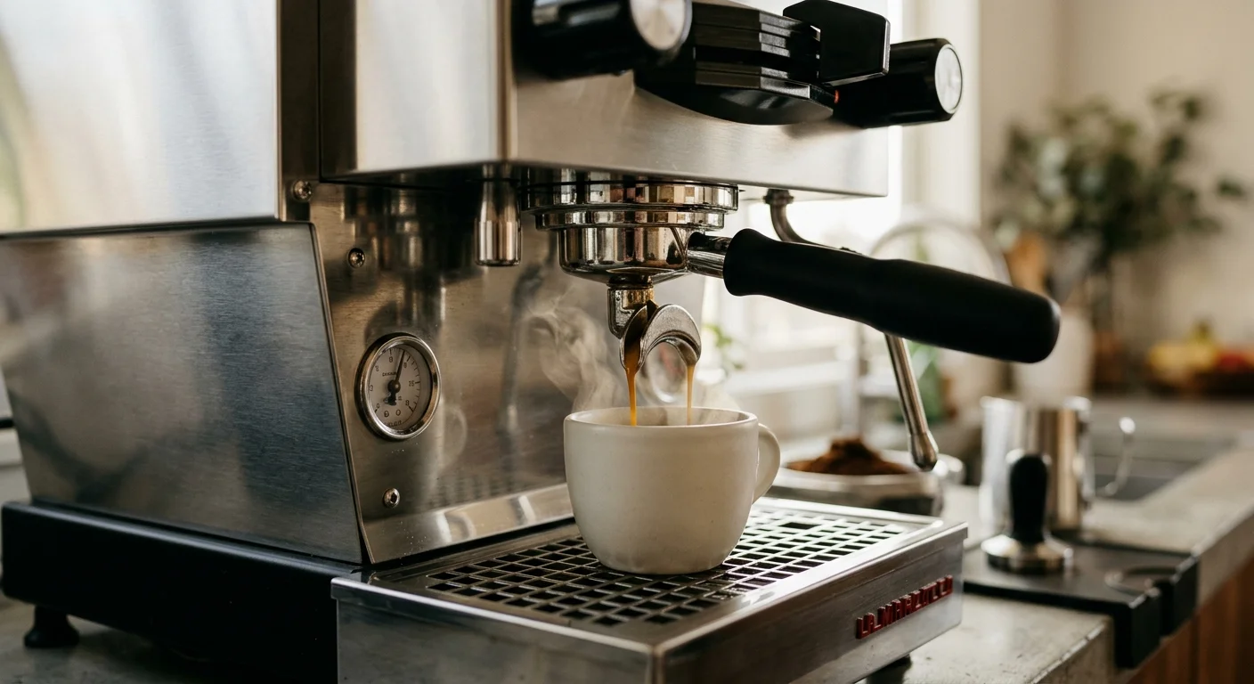 A close-up photograph of a chrome espresso machine portafilter pulling a rich espresso shot with golden crema into a white cup.