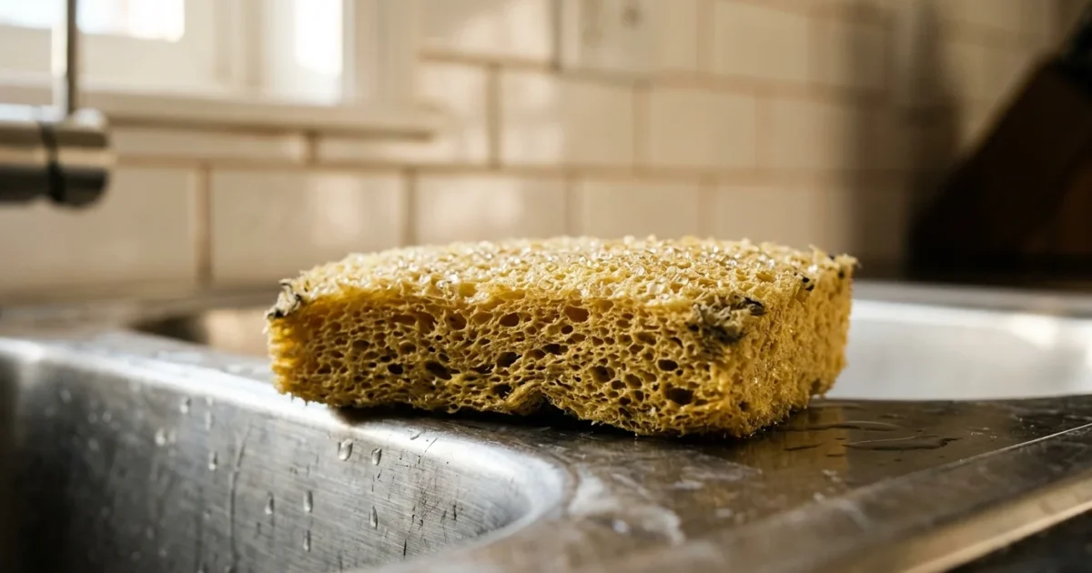 A close-up photograph of a damp yellow kitchen sponge resting on a stainless steel sink edge in soft morning light.