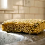 A close-up photograph of a damp yellow kitchen sponge resting on a stainless steel sink edge in soft morning light.