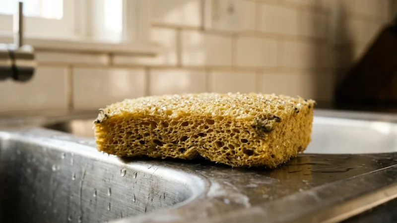 A close-up photograph of a damp yellow kitchen sponge resting on a stainless steel sink edge in soft morning light.