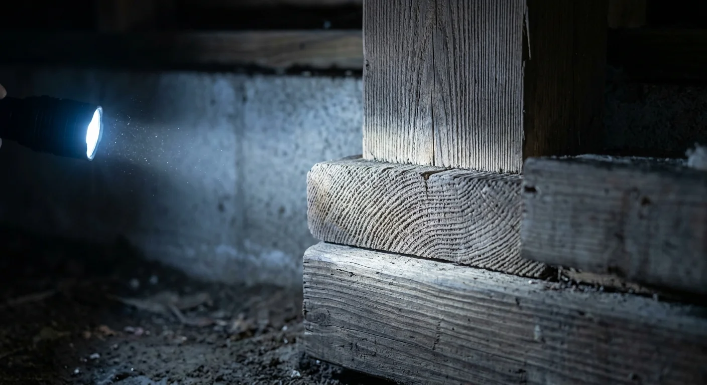 A close-up photograph of a flashlight beam illuminating a solid wooden support beam in a dark crawlspace during an inspection.