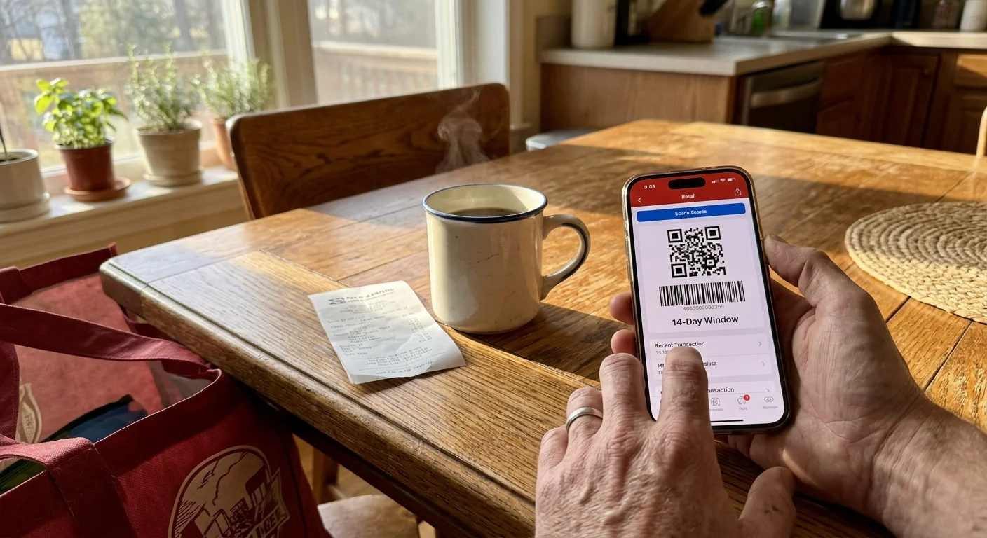 A close-up photograph of a hand holding a smartphone showing a 14-day receipt barcode next to a paper receipt on a kitchen table.