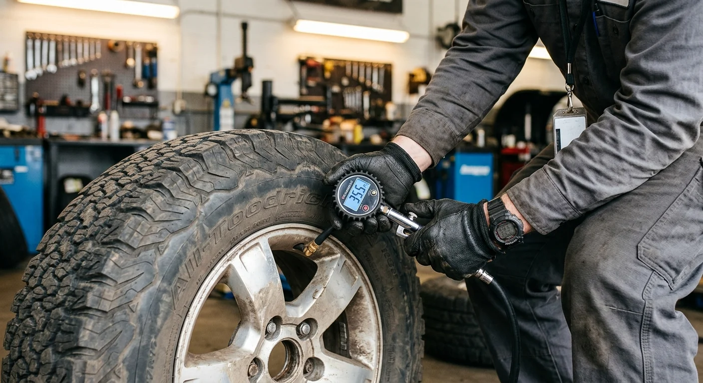 A close-up photograph of a mechanic's gloved hands checking tire pressure with a digital gauge in a clean garage bay.