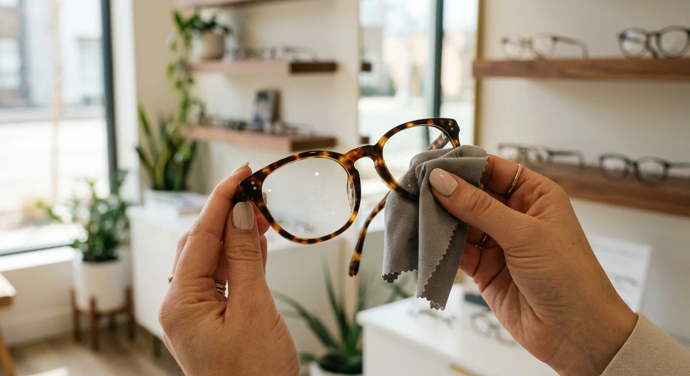 A close-up photograph of a pair of tortoise-shell eyeglasses being wiped clean with a grey microfiber cloth in a bright clinic.