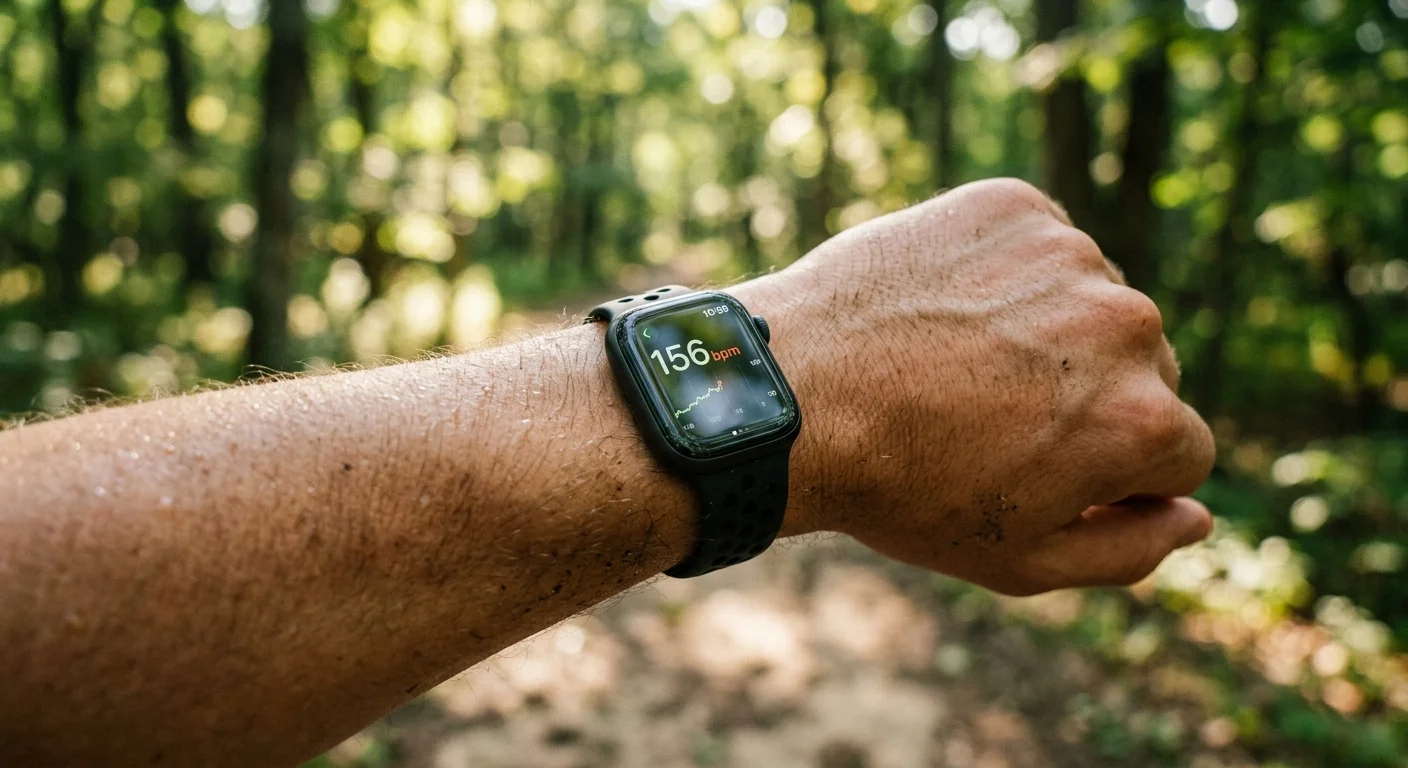 A close-up photograph of a person's wrist wearing a smartwatch during an outdoor trail run with dappled forest sunlight.