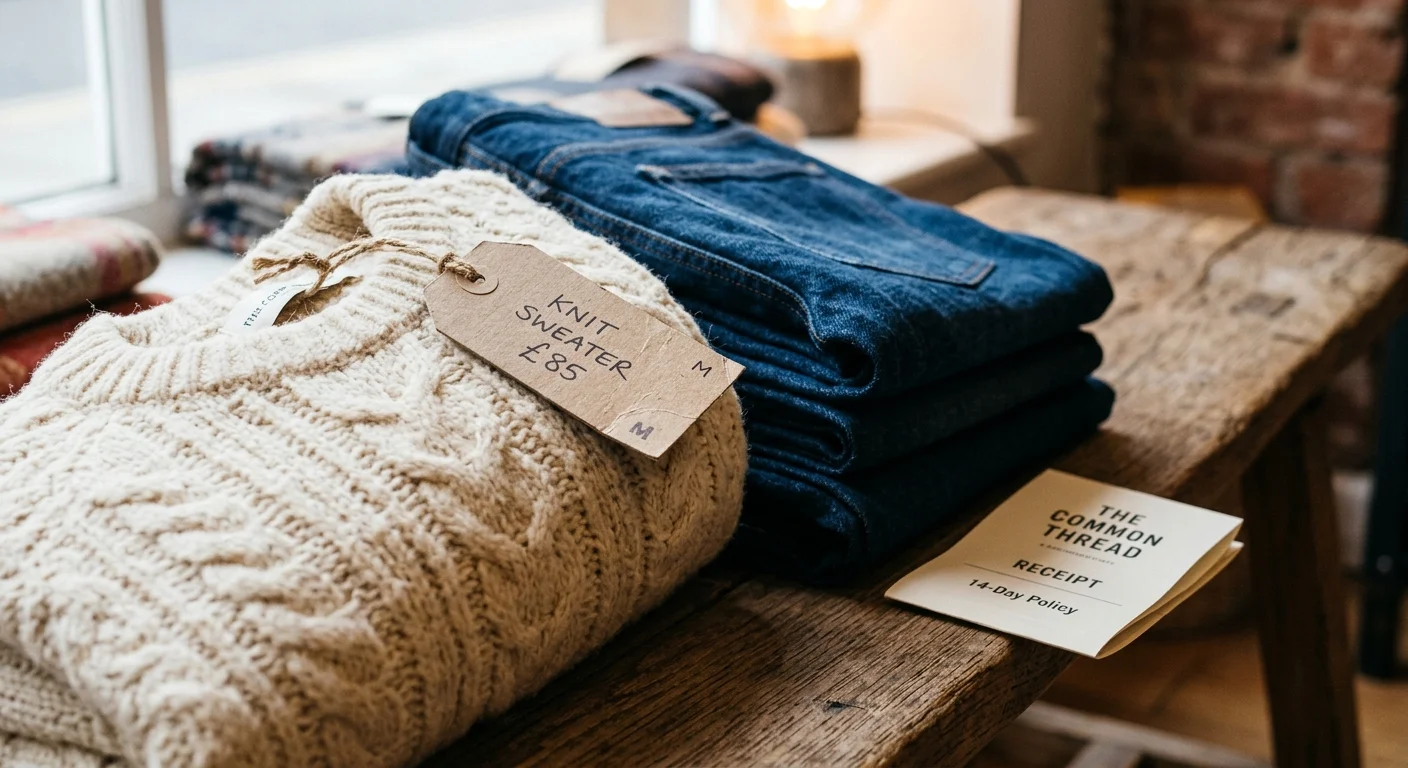 A close-up photograph of a stack of folded denim and a knit sweater with a paper receipt showing the text 14-Day Policy.