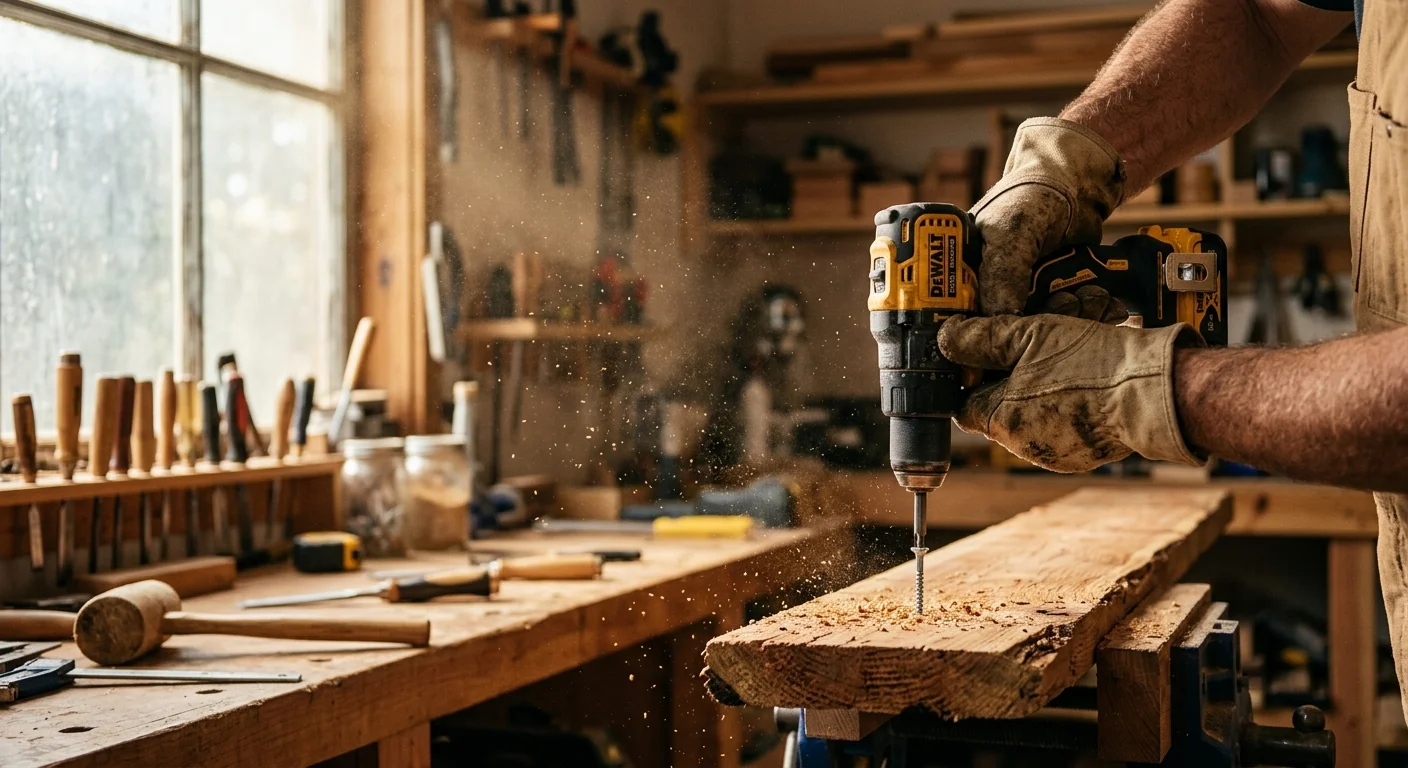 A close-up photograph of gloved hands using a cordless drill on a cedar plank in a sunlit workshop with floating sawdust.