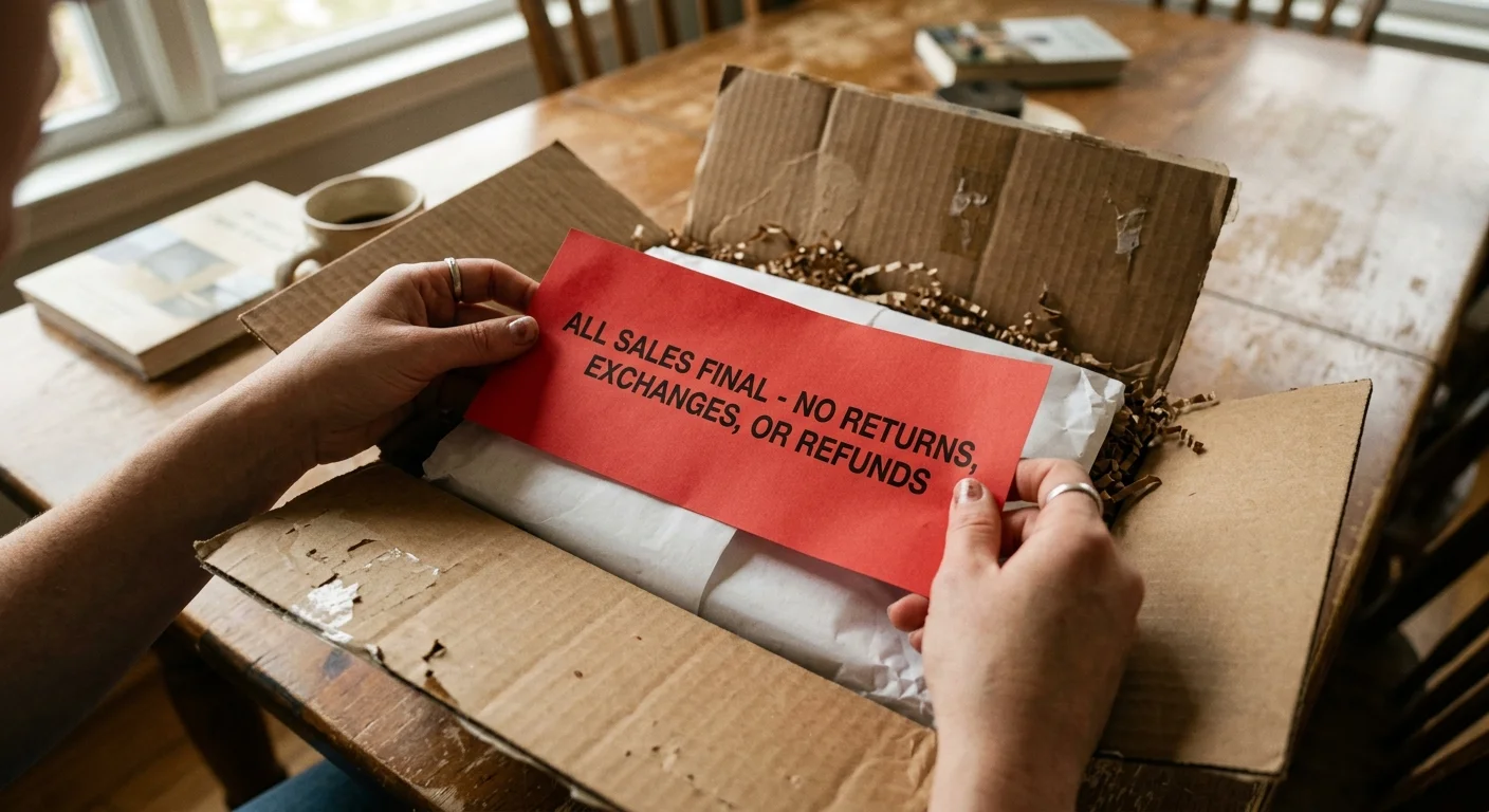 A close-up photograph of hands holding a red packing slip inside a shipping box that reads ALL SALES FINAL - NO RETURNS.