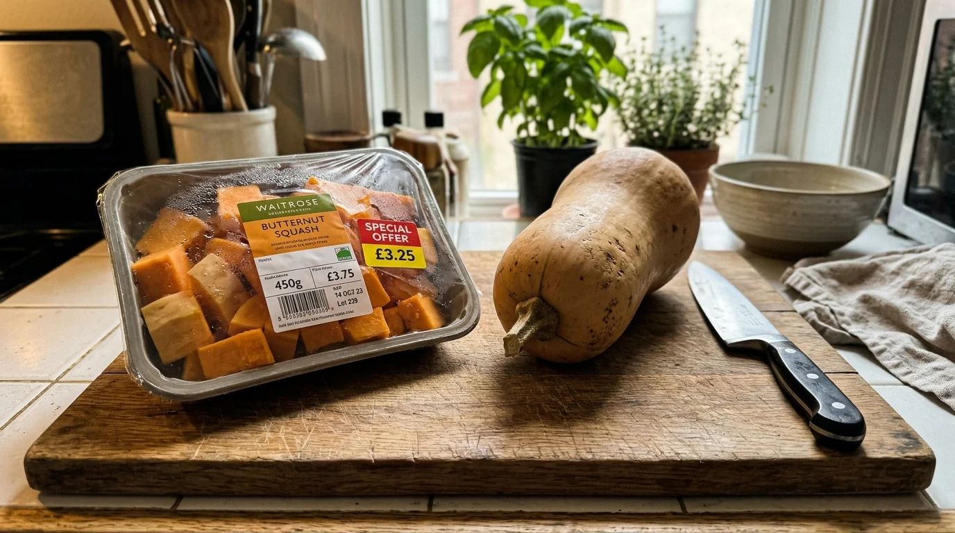 A close-up photograph of pre-sliced convenience butternut squash next to a whole squash on a kitchen cutting board.