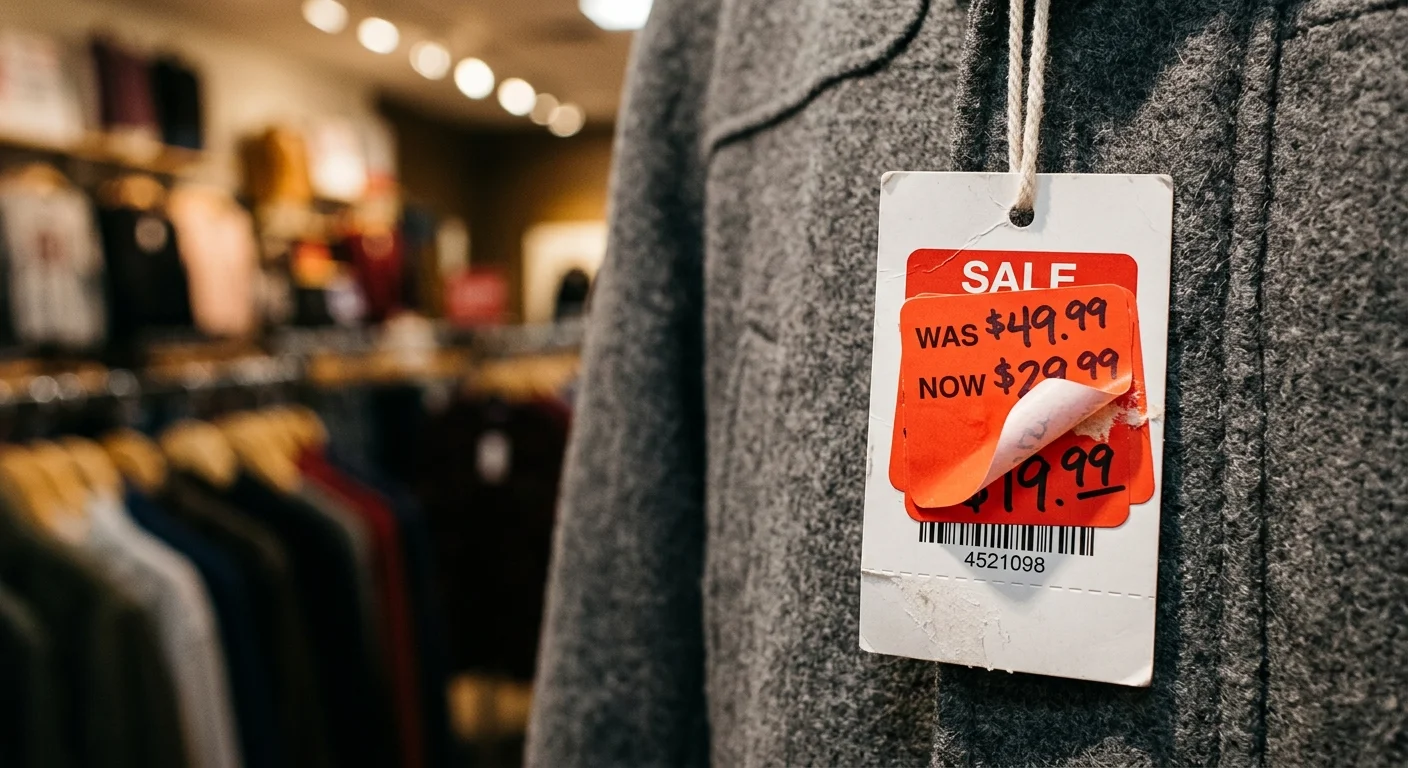 A close-up photograph of stacked red price stickers on a tag, with the top sticker peeling back to reveal a lower price underneath.