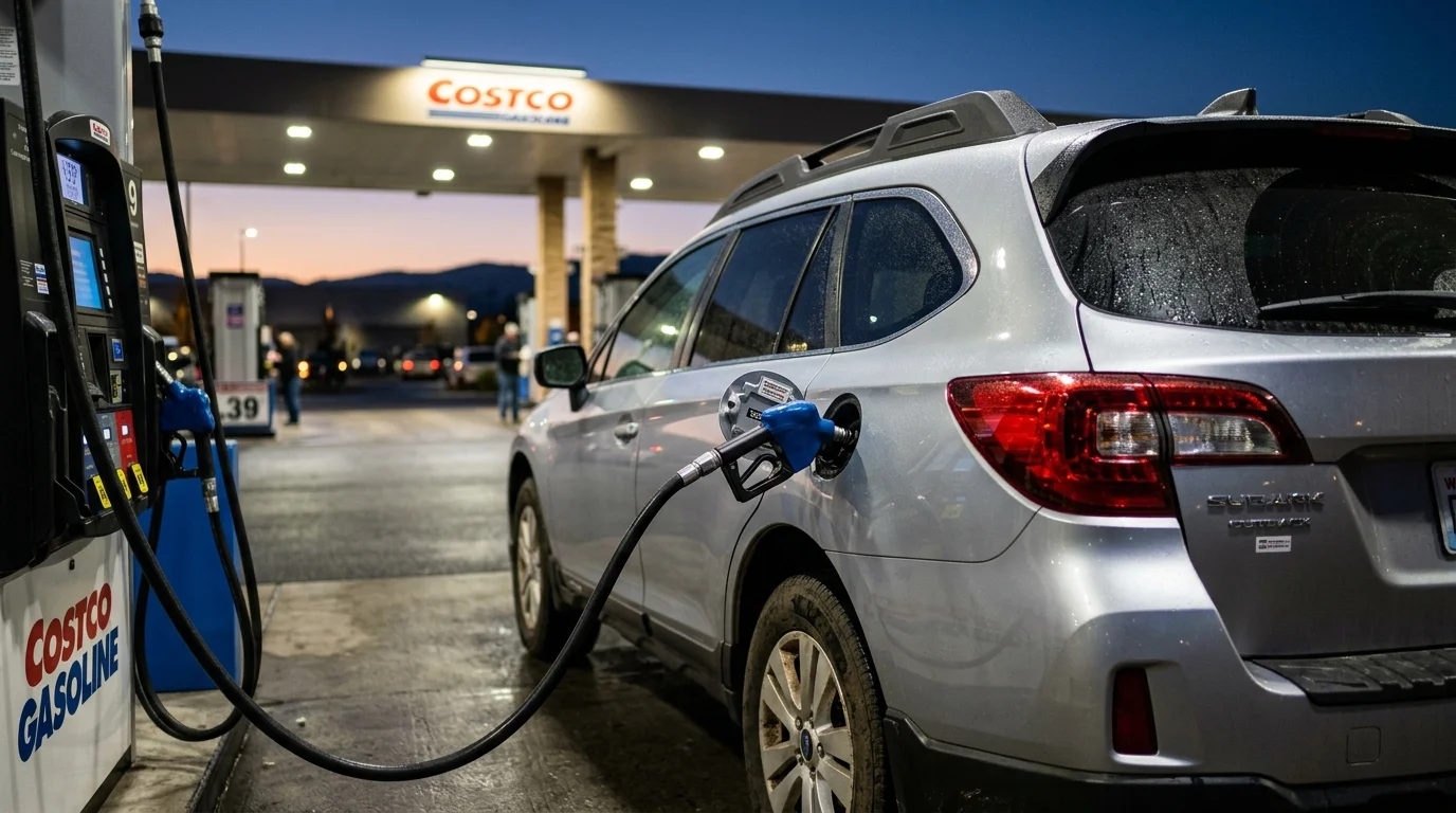 A close-up shot of a silver car refueling at a modern warehouse gas station during a colorful early morning dawn.
