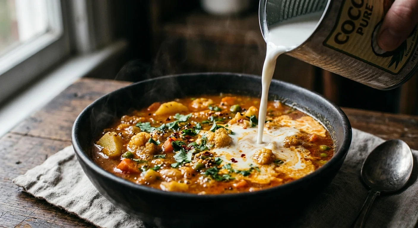 A close-up shot of rich coconut milk being poured into a bubbling orange curry, creating creamy swirls in a dark ceramic bowl.