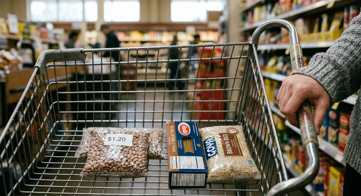 A close-up shot of the bottom of a grocery cart loaded with inexpensive dried beans, pasta, and brown rice.