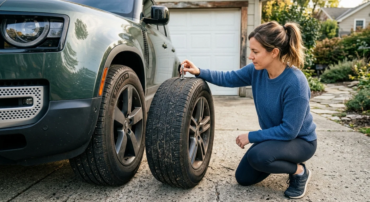 A close-up snapshot of a person checking their car's tire tread depth on a concrete driveway in afternoon light.