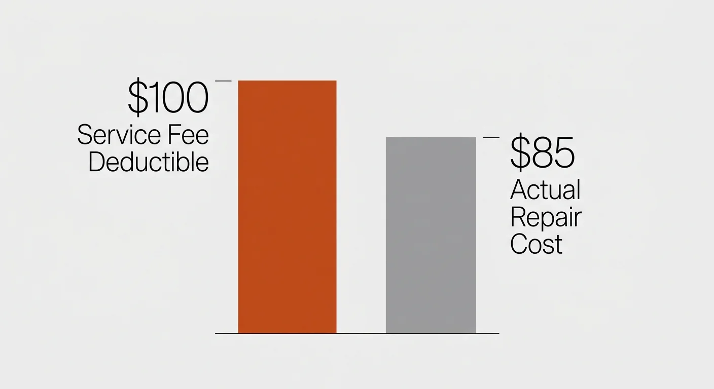 A comparison bar chart showing a $100 service fee deductible standing taller than an $85 actual repair cost.