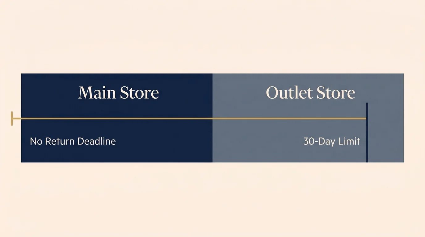 A comparison diagram showing an open-ended return timeline for a main store versus a strict 30-day limit for its outlet.