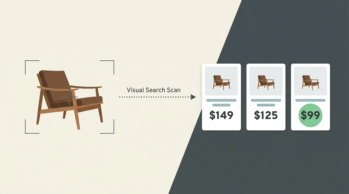 A concept diagram showing a visual scan of a chair connecting to various online prices, illustrating visual search comparison.