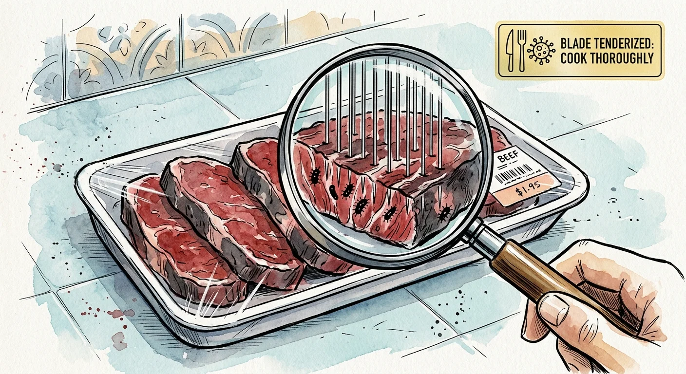 A conceptual illustration of needles piercing a steak under a magnifying glass, symbolizing blade tenderization.