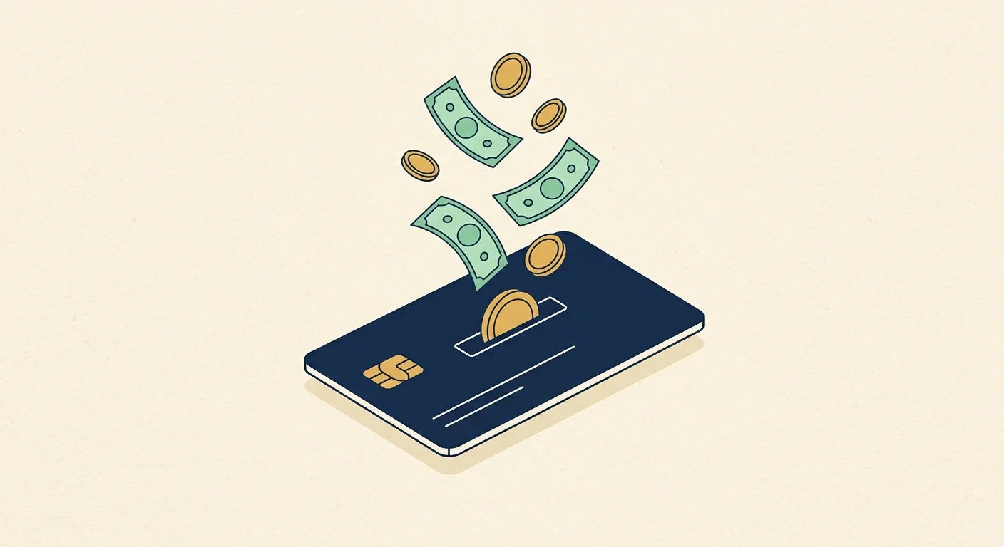 A conceptual vector illustration of a dark blue credit card with gold coins and green bills floating out of it, symbolizing cash back reward