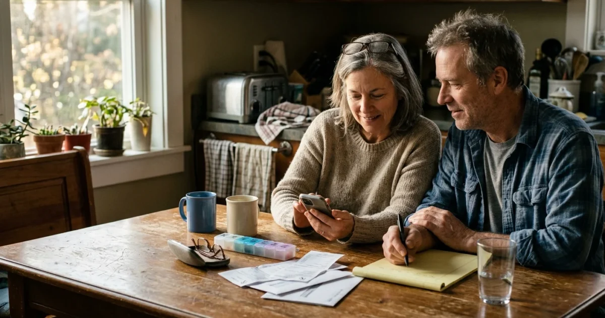 A couple sits at a sunlit kitchen table with a pill organizer and receipts, looking relieved while checking a smartphone.