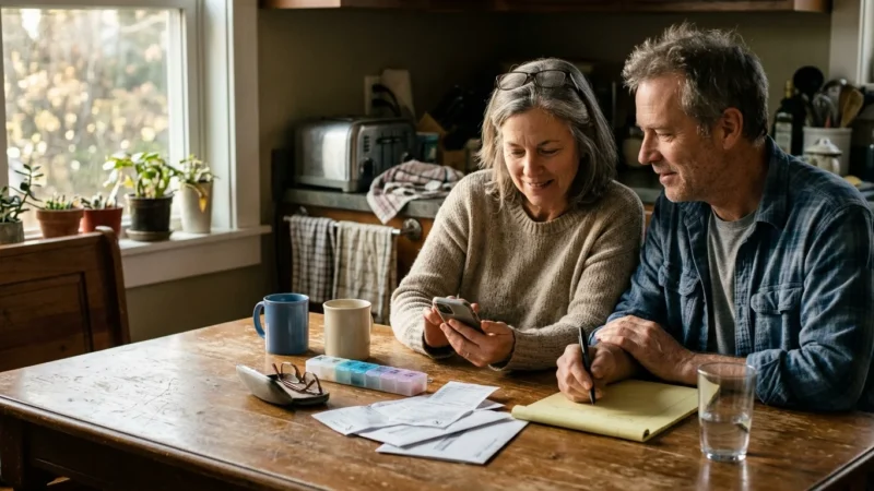 A couple sits at a sunlit kitchen table with a pill organizer and receipts, looking relieved while checking a smartphone.