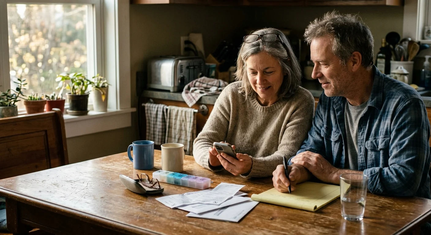 A couple sits at a sunlit kitchen table with a pill organizer and receipts, looking relieved while checking a smartphone.