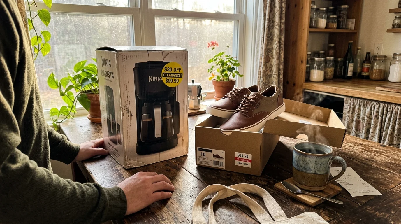A cozy kitchen table with a new coffee maker, shoes, and a cup of coffee, celebrating a successful day of smart clearance shopping.