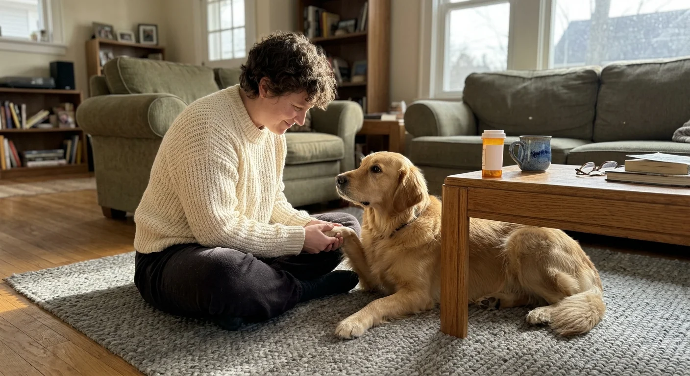 A cozy, natural snapshot of a person sitting on a living room rug with their golden retriever next to a prescription bottle.