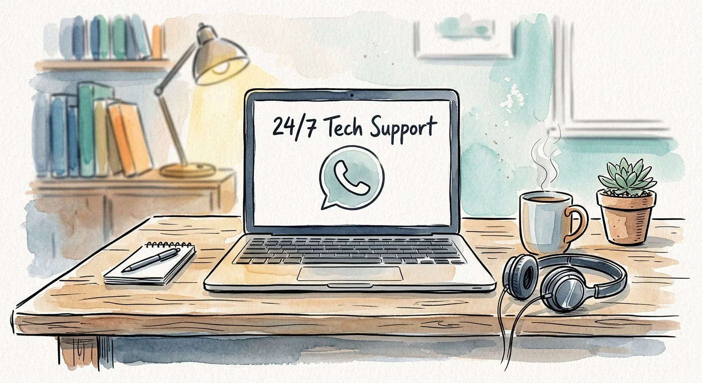 A cozy watercolor illustration of a laptop on a desk showing a chat icon next to headphones and a mug of tea.