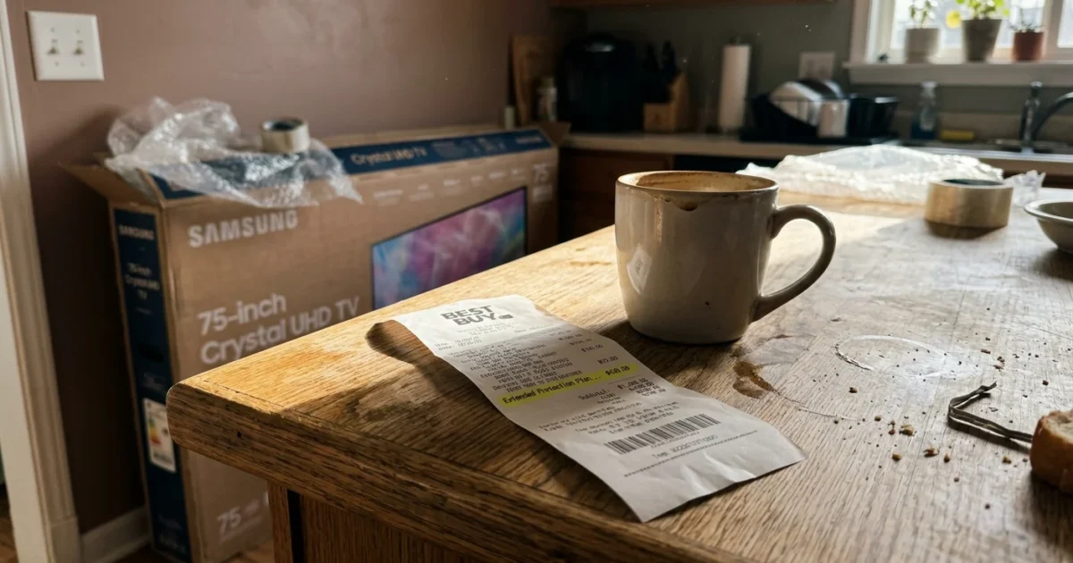 A crumpled store receipt on a wooden kitchen counter showing a $120.00 charge for an extended protection plan next to a coffee mug.