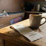A crumpled store receipt on a wooden kitchen counter showing a $120.00 charge for an extended protection plan next to a coffee mug.
