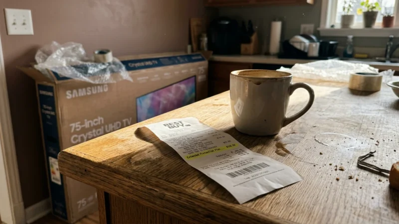 A crumpled store receipt on a wooden kitchen counter showing a $120.00 charge for an extended protection plan next to a coffee mug.
