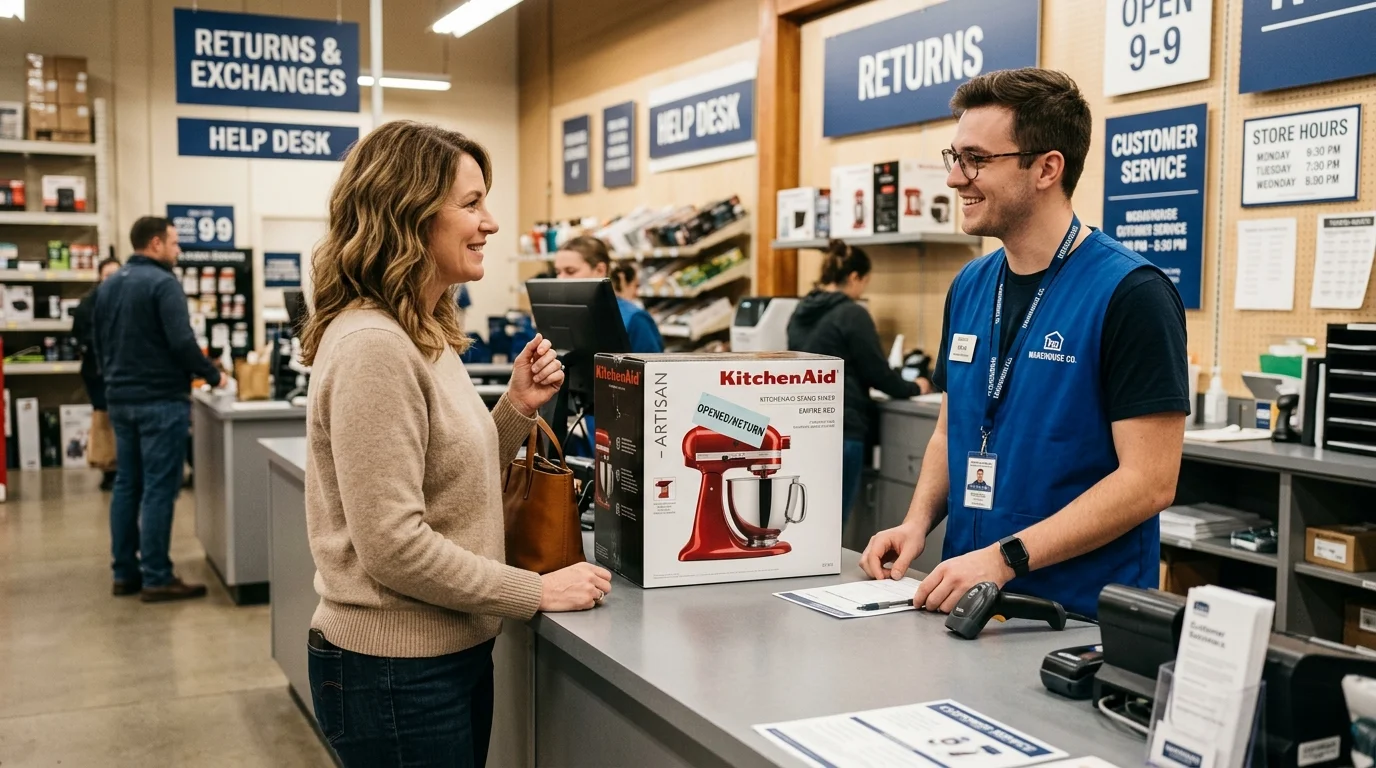 A customer returning a boxed kitchen appliance to a friendly customer service agent at a warehouse club counter.