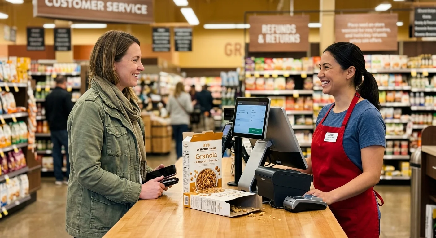 A customer returns a half-empty box of store-brand granola to a smiling customer service representative at a grocery counter.