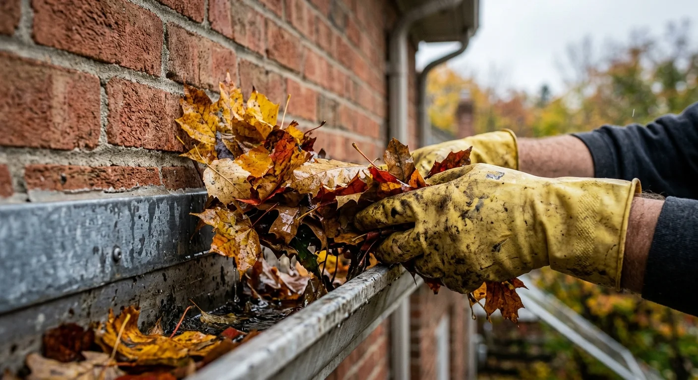 A detailed close-up of hands in yellow gloves clearing wet autumn leaves out of a metal gutter on a brick house.